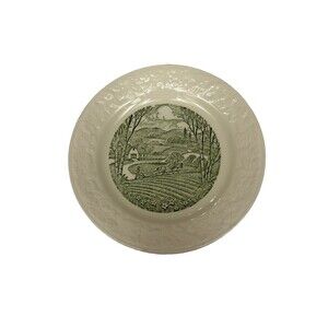 Homer Laughlin Pastoral Plate 6.75" Farm Scene Ivory & Green Floral Cottagecore